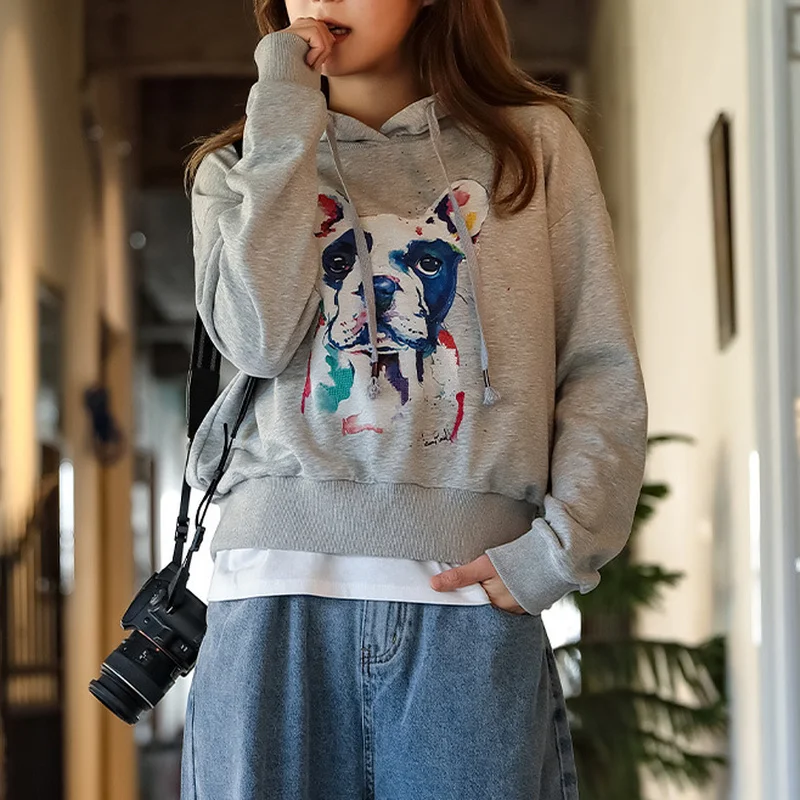 

Women Trend Casual Loose Korean Cotton Thin Hooded Sweatshirt Spring Autumn Girl Teenager Pullover Fashion Dog Printed Cool Tops