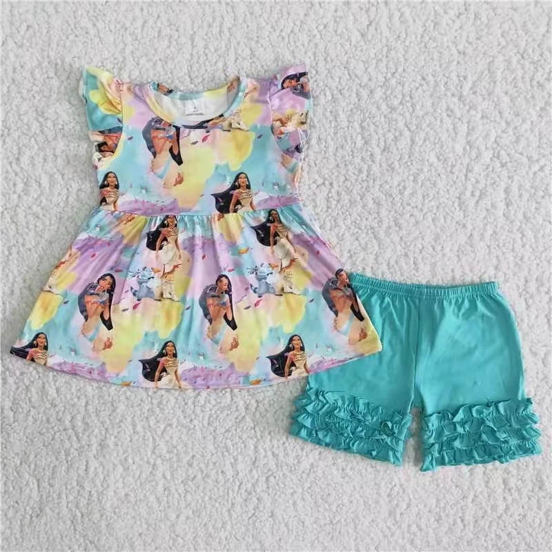 

new arrival fashion kids clothing 2 piece flutter sleeve top and blue shorts toddler girl clothes set summer outfit
