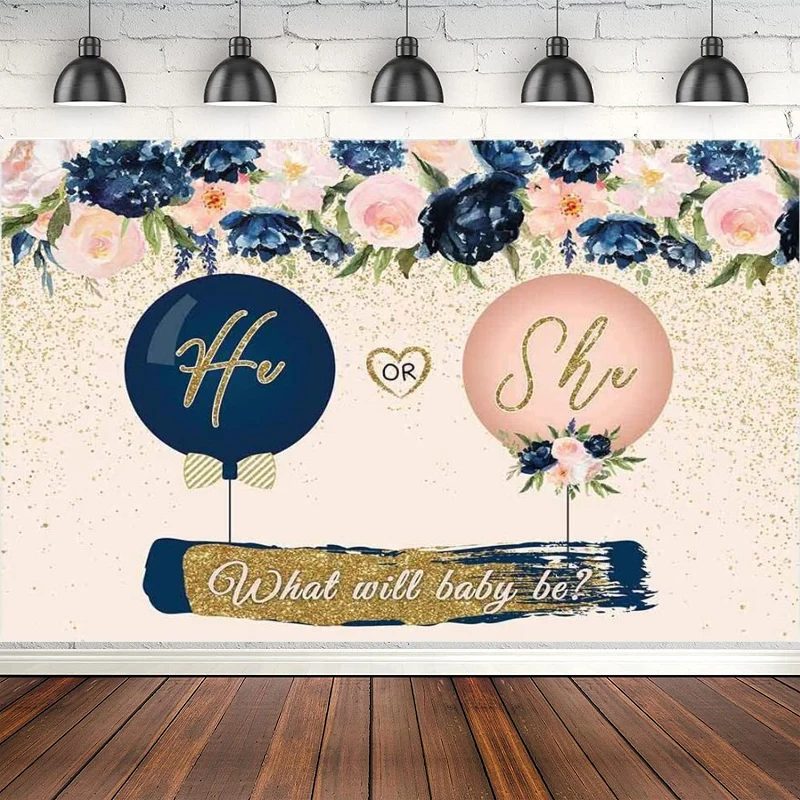 

Navy And Blush Gender Reveal Party Photography Backdrop He Or She What Will Baby Be Background Pregnancy Reveal Balloons Banner