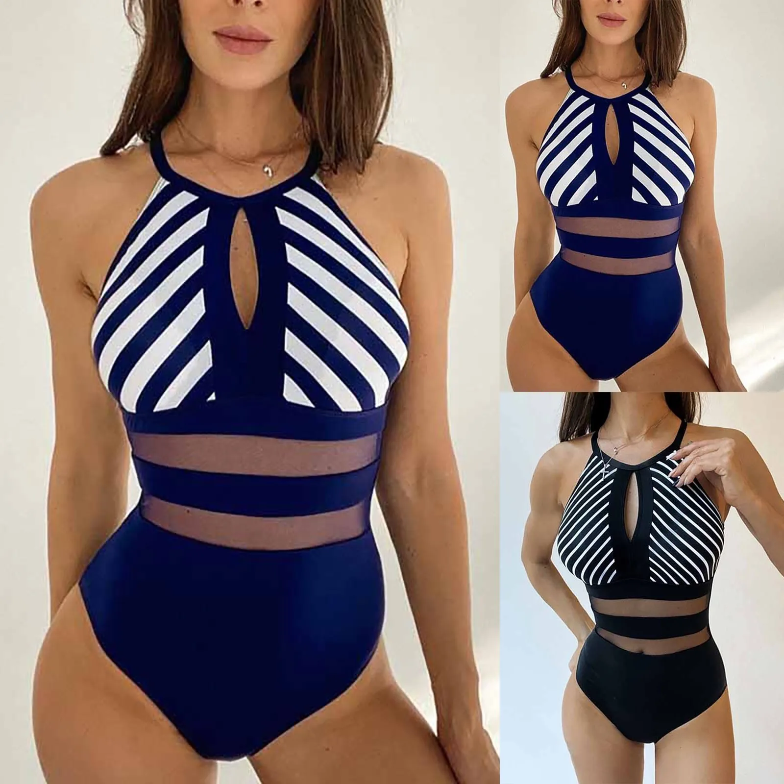 

Женский модный Цельный купальник бикини в полоску (с нагрудной подушкой без стального бюстгальтера) полосатый Повседневный женский купальник 2023