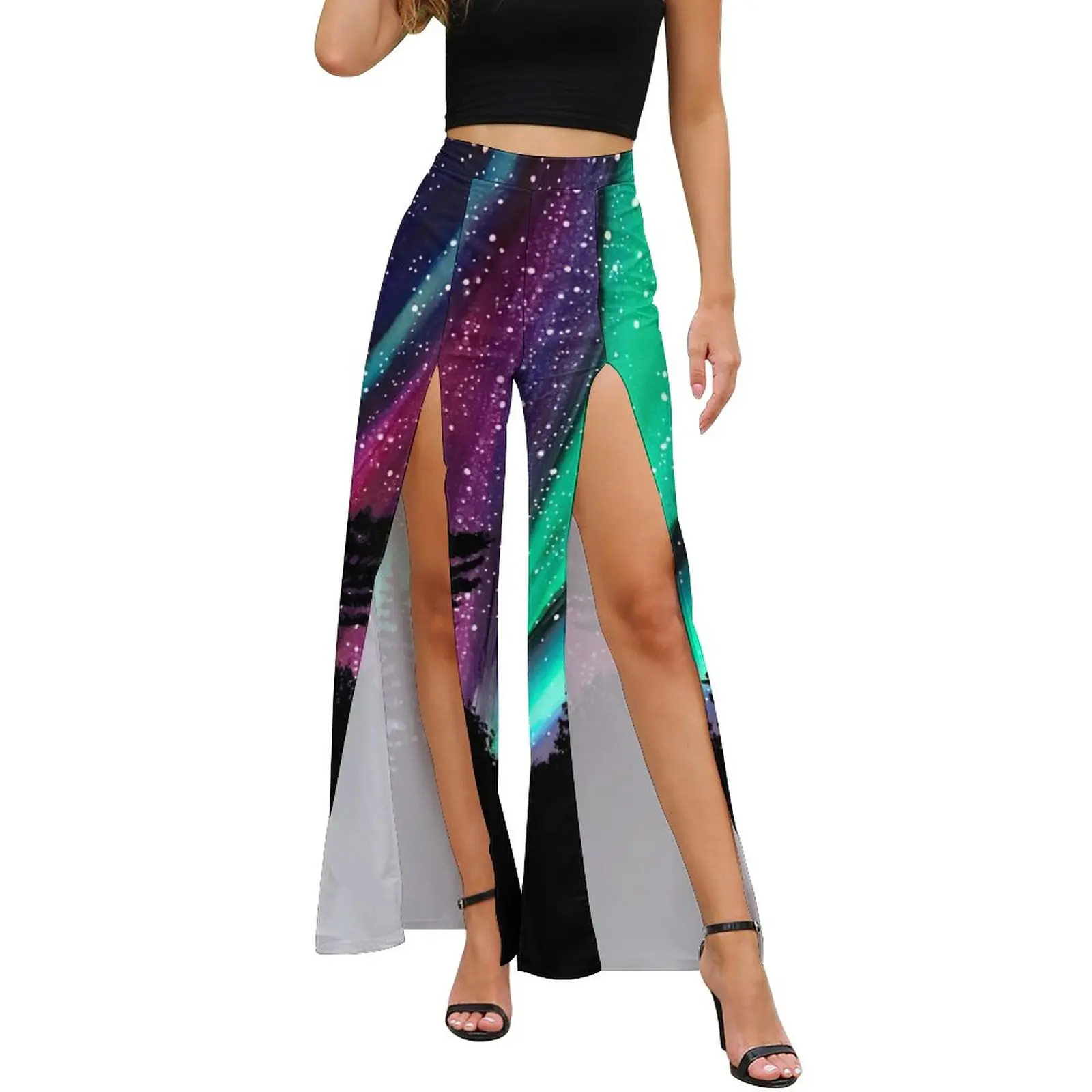 

Mystic Forest Print Pants Woman Northern Lights Casual Trendy Wide Pants Summer High Slit Beach Trousers