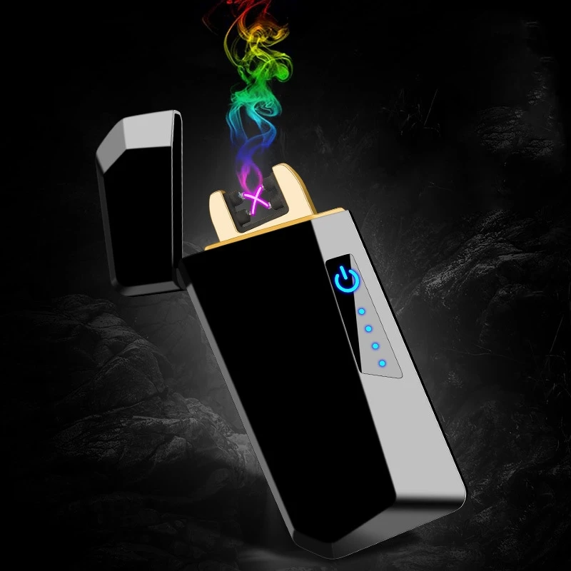

New Metal Windproof USB Charging Plasma Double Arc Electric Lighter Pulse Flameless LED Display Lighter Men's Gift