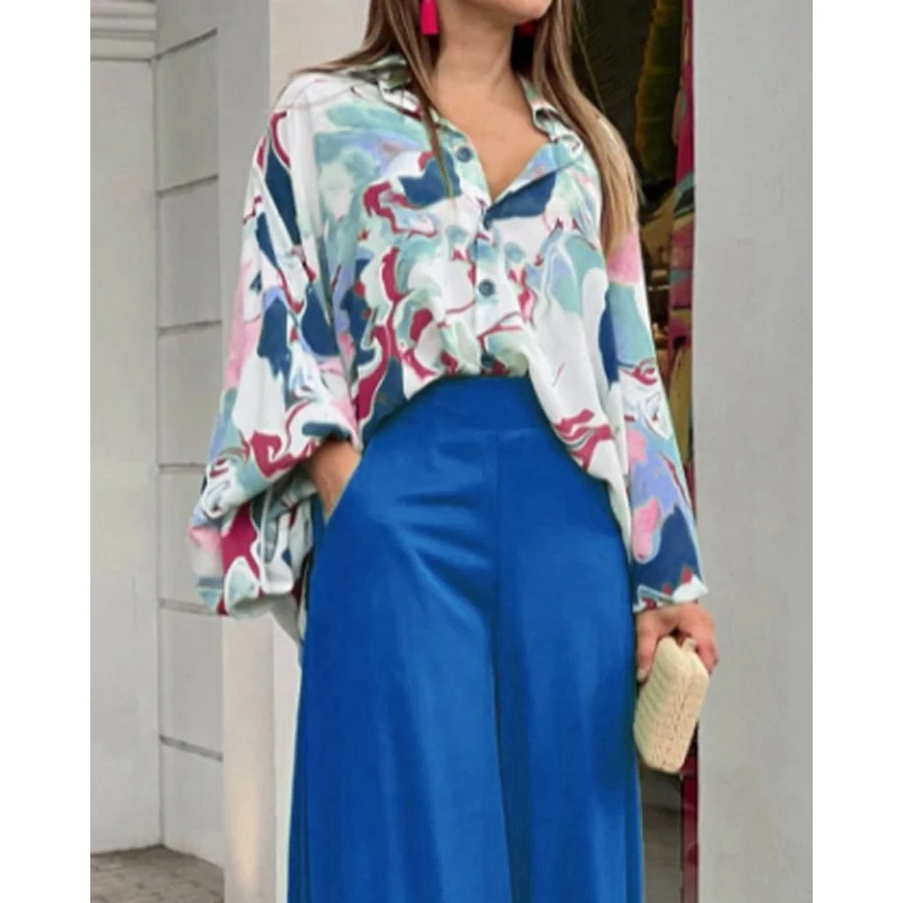 Summer Women Floral Print Long Sleeve Shirt Top & High Waist Wide Leg Pants Set Casual Oversized Two Pieces Outfits Sets Woman