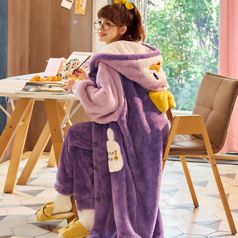 Women Sleepwear Plus Size Medium Style Winter Pajamas Set Loose Version Keep Warm Intensification Pyjamas Plush Nightgown Hooded