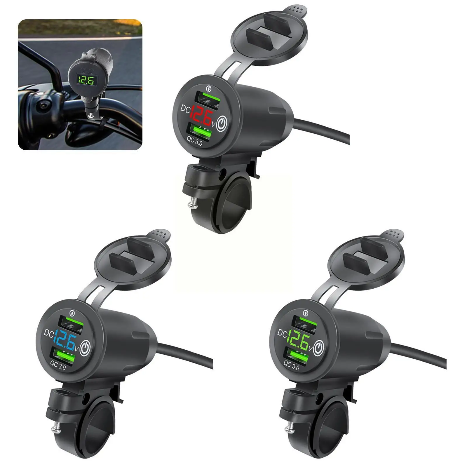

12-24V Motorcycle Mobile Phone Charger Rider Handlebar Fast USB Chargiing Dual Rack Mount Voltage With PD+QC3.0 Display Soc D1F1