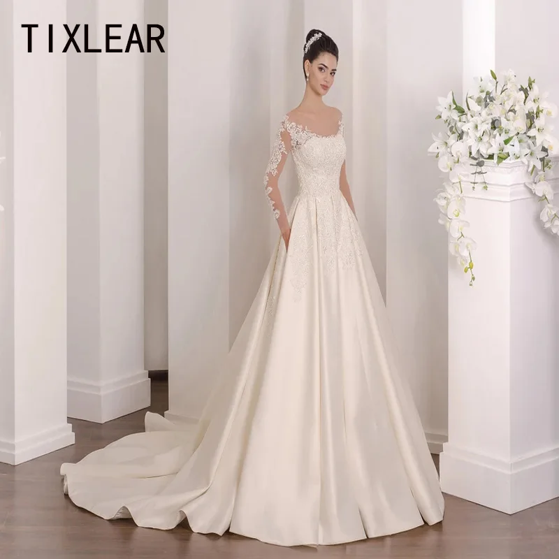 

TIXLEAR Ivory A-LINE Scoop Sweep Train Satin Exquisite Wedding Dress 2023 Elegant vestido de noiva brautkleider robe de mariée