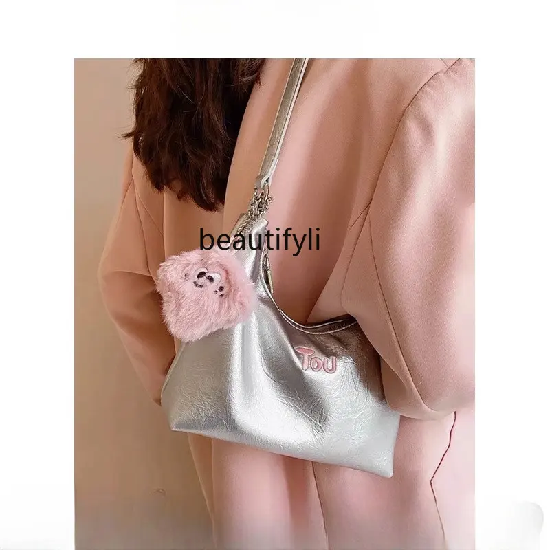 

zq -Interest Design High-Grade Silver Underarm Bag Versatile Fashion Brickearth Messenger Bag