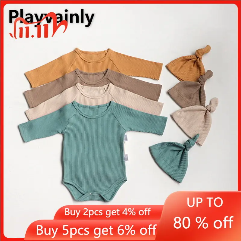 

2022 Korean Style New Spring Baby Girl Bodysuit Solid Basic Color Round Collar Long Sleeves Jumpsuit+Cap Child Clothes E9148