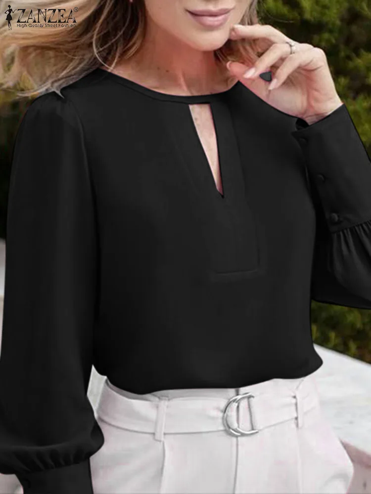 

ZANZEA Women Office Long Puff Sleeve Top Elegant Hollow Out Blouse 2023 Autmun Round Neck Blusas Fashion Soild Button Cuff Tunic