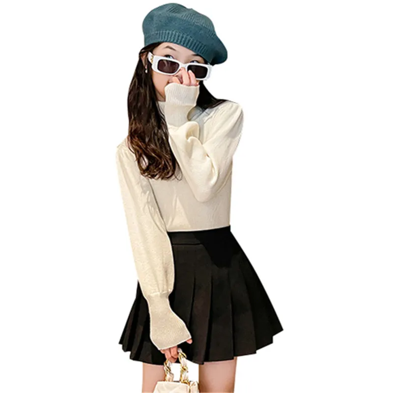 

Autumn New Girls Knitwear Sweater Cotton Children Turtleneck Slim Tops Fashion Girls Puff Sleeve Pullover Spring Casual Clothes