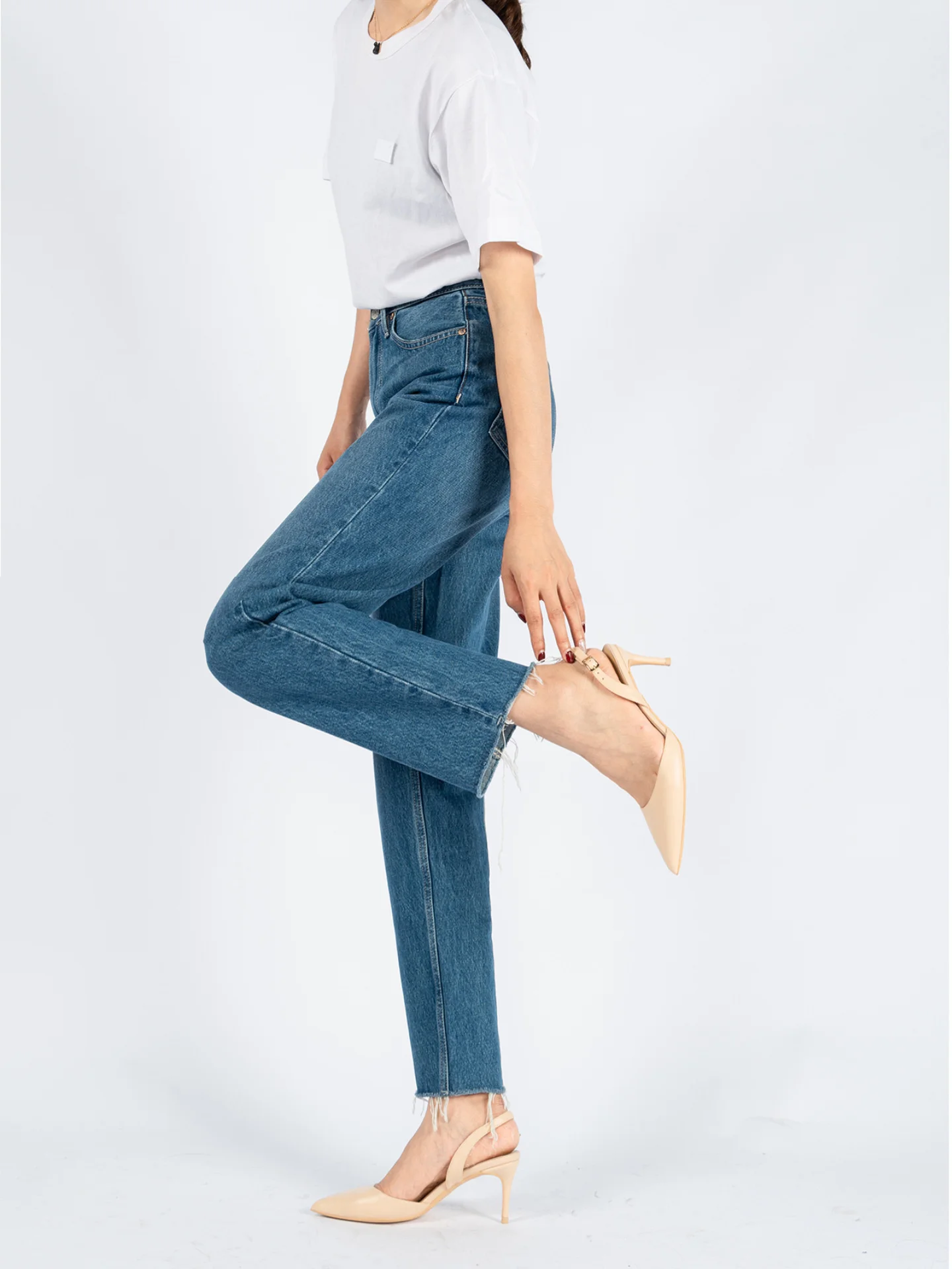 

Hot jeans,2023 Women Jeans Pants Spring/Summer High Waist Retro Washed Blue Straight Calf Top Line Decorated Nine-point Jeans