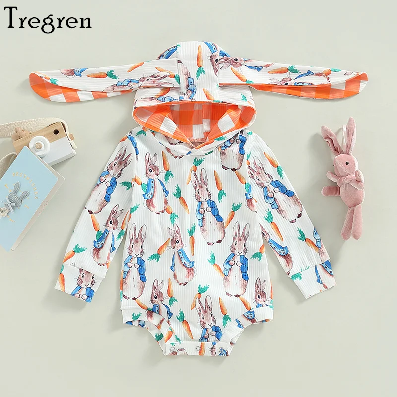 

Пасхальный комбинезон Tregren для маленьких девочек, комбинезоны с длинными рукавами и капюшоном с кроличьими ушками и морковкой, Комбинезоны для 0-24 месяцев