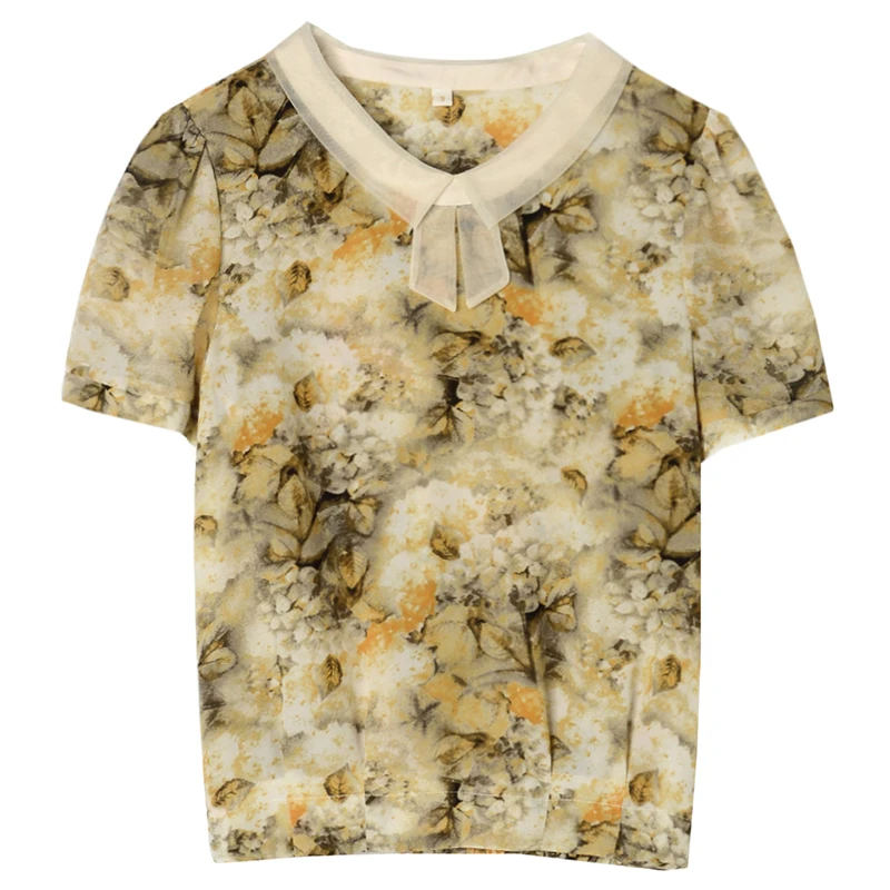 Женский шифоновый пуловер с коротким рукавом и принтом