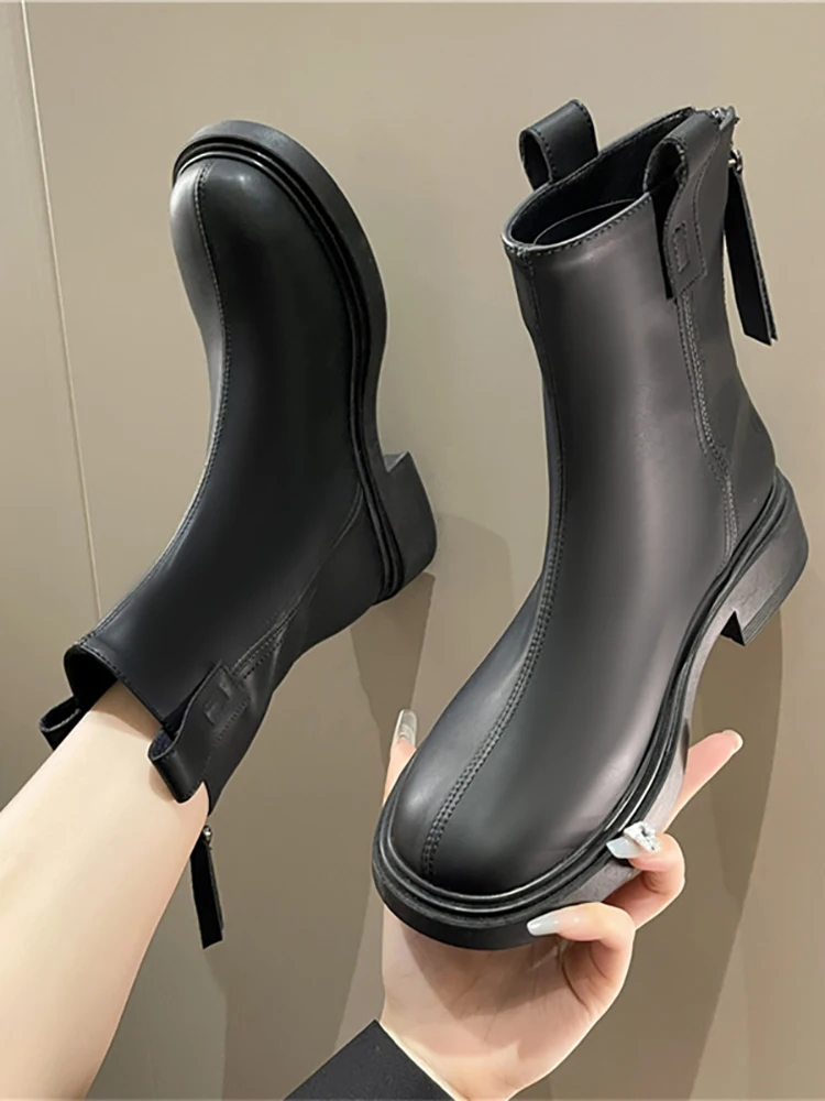 

Ботильоны женские резиновые на молнии, полусапожки с круглым носком, низкий каблук-колокол, ПУ, черные, осень 2022