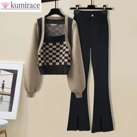 korean popular autumn vintage checkerboard stitching knitted shirt sweater casual trousers two piece elegant womens pants set