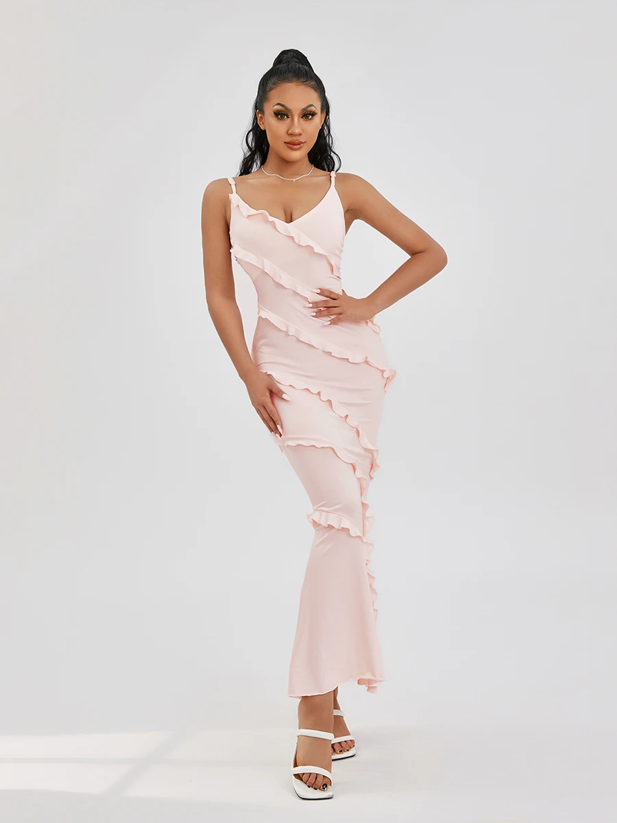 

Women Sleeveless Backless Ruffle Spaghetti Strap Bodycon Dress Summer Solid Color V neck Fitted Long Dress White/Pink