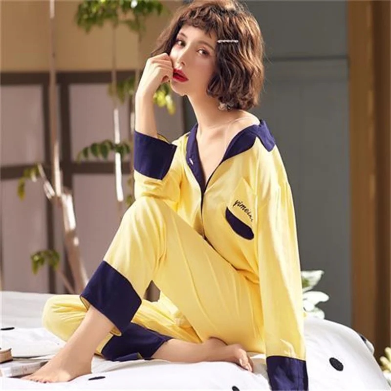 Autumn Pajamas Set Sexy Shirt Sleepwear For Women Flower Long/ Short Sleeve Pyjama Women's Artificial Polyester Comfortable Pjs