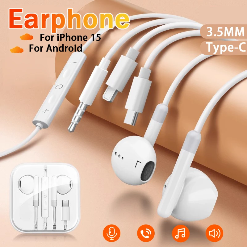 

Universal Headphones For Apple iPhone 15 Pro Max In-Ear With Microphone Wired Earphone For Samsung Xiaomi Redmi Typec Earphones