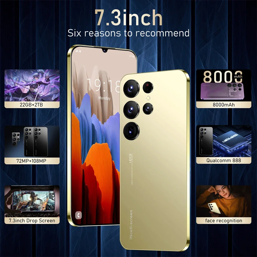 S26 Ultra Мобильные телефоны 7 3 HD Экран Смартфон Оригинальный 22 ГБ + 2 ТБ 4G/5G Dual Sim Celulares