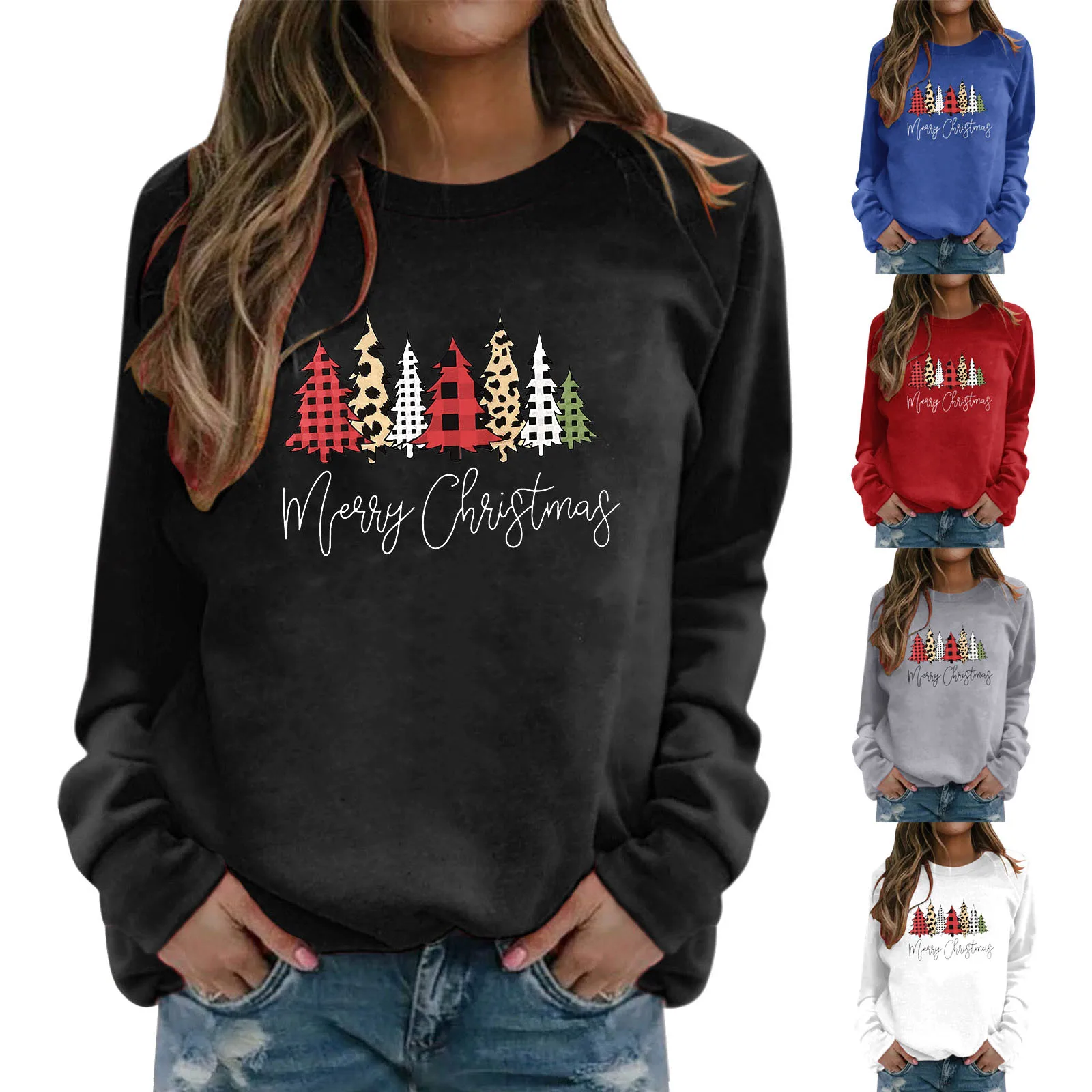 

Womens Fashion Merry Christmas Print Round Neck Hoodless Sweater Long Sleeve Top Pullover Hip- Kpop Workout