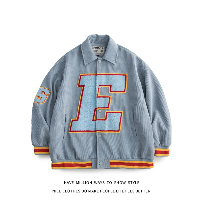 

New Arrival Autumn Patchwork Big Letter E Embroidery Corduroy Men's Baseball Bomber Jacket Unisex Women's Varsity Shirt Street