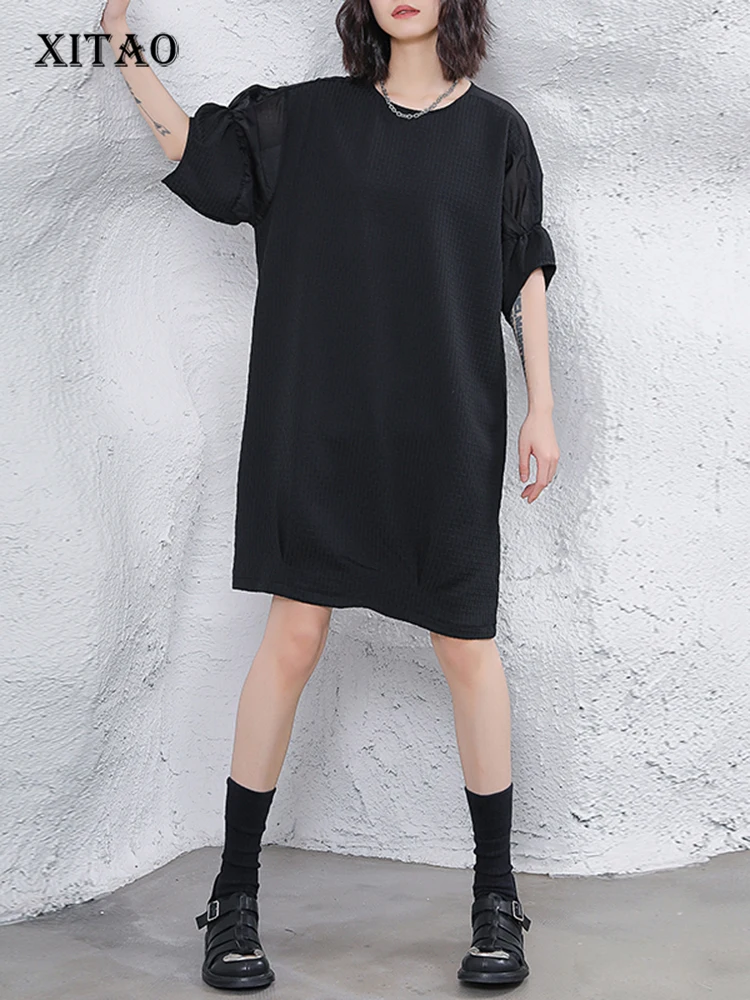 

XITAO газовое лоскутное однотонное платье-пуловер с круглым вырезом в винтажном стиле; Свободное летнее платье; Новое поступление 2023 года; Пов...