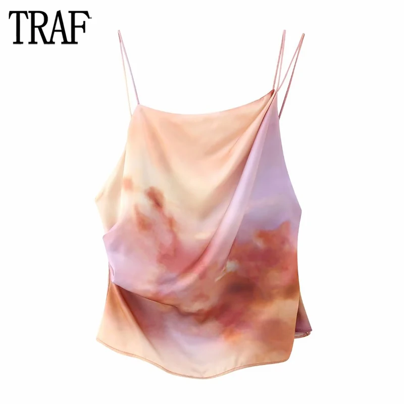 

TRAF Tie Dye Crop Top Women Asymmetric Satin Top Female Straps Sexy Backless Tops Women 2023 Summer Beach Camisole Tops Ladies
