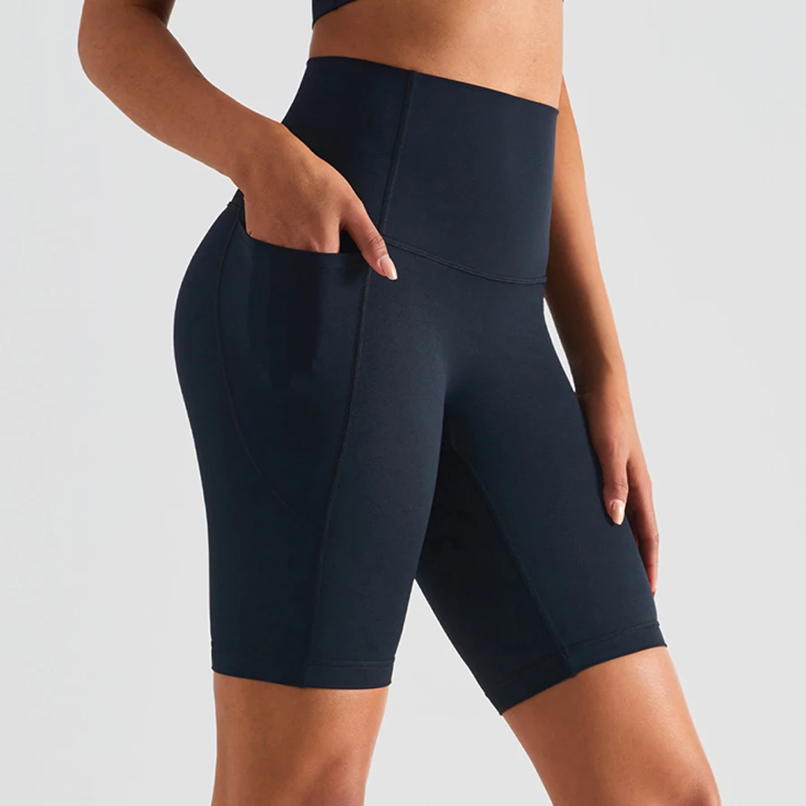 

8" Bare Naked Feel Sport Yoga Biker Shorts Gym Wear Women High Waist No Front Seam Summer Workout Exercise Shorts with Pocket