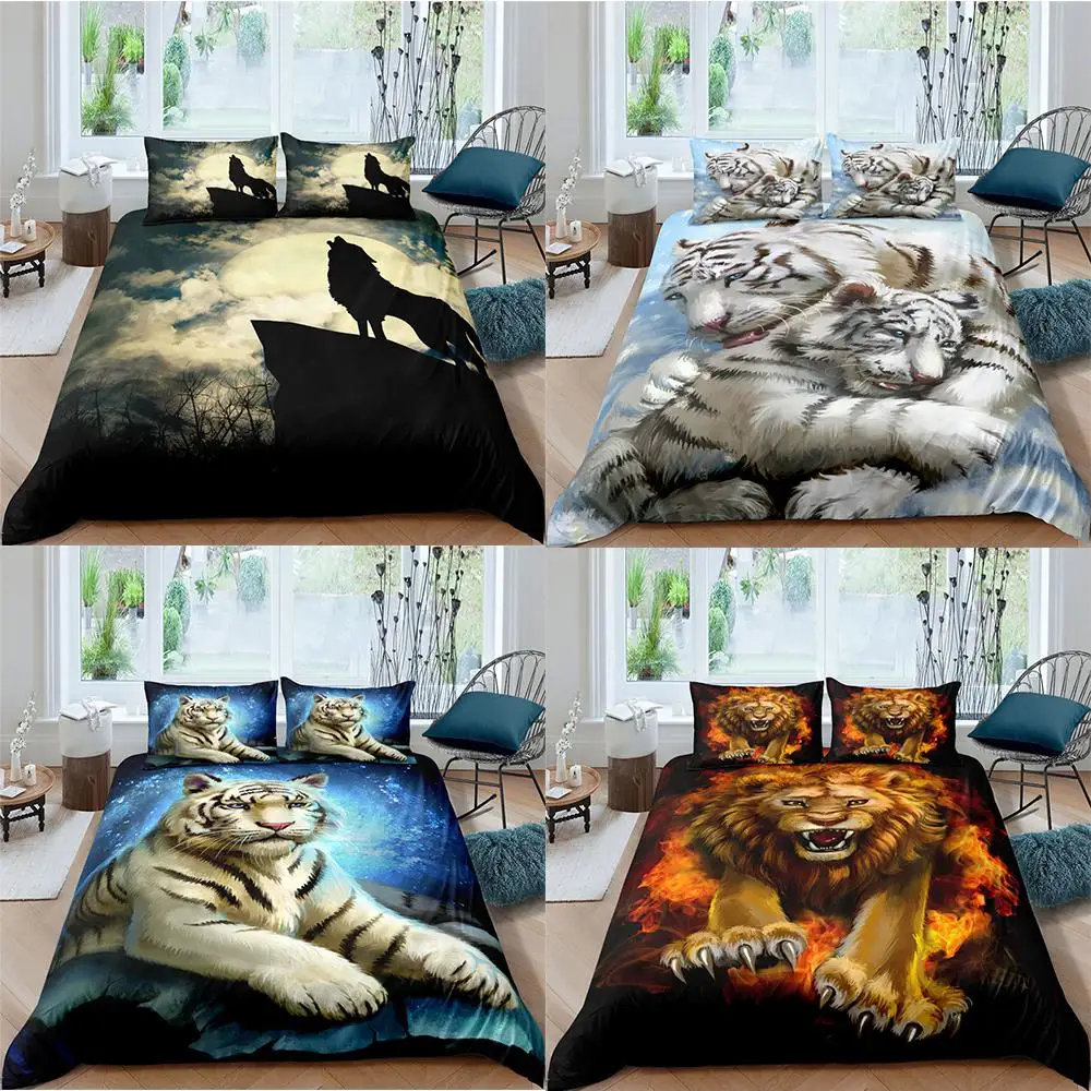 

Bedding Set Animal Duvet Cover 2/3pcs Bedclothes Pillowcase Quilt Comforter Covers Tiger Wolf Lion Home Textiles