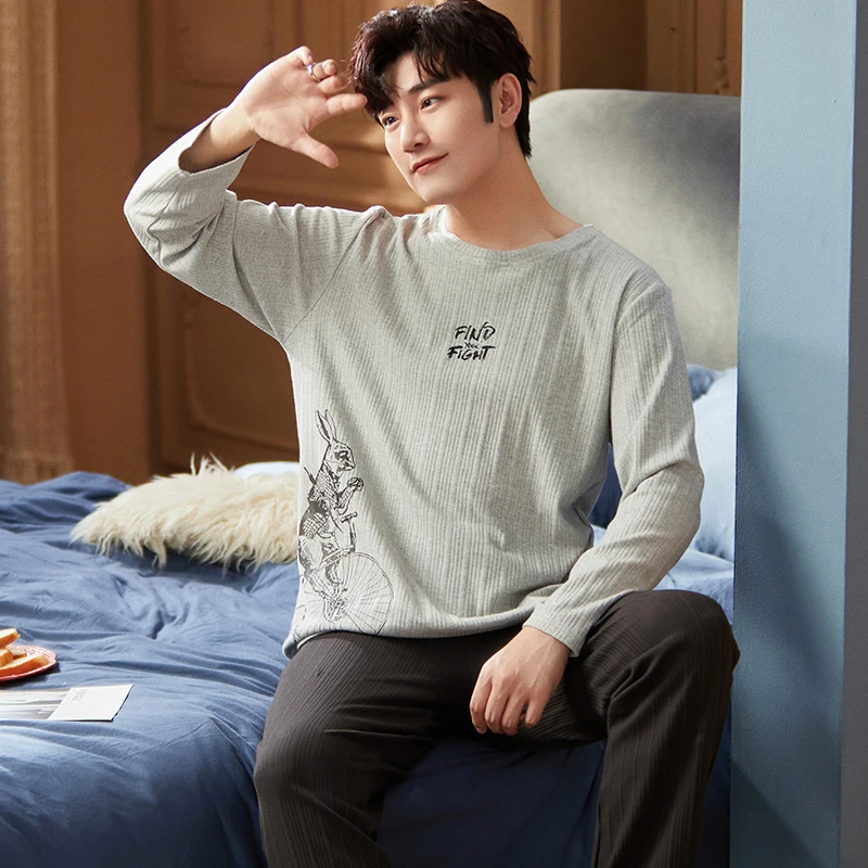 Korean Fashion Pijamas Set For Man Cotton Homewear Long Sleeping Top Pant 2 Pieces Set Sleepwear Leisure Night Clothing Dropship