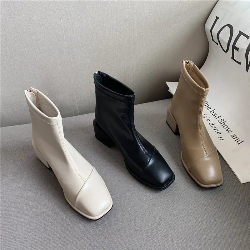 

Round Toe Women Ankle Sock Boots Beige/Khaki/Black Back Zipper Short Booties Flat Mid Heels Shoes Woman Size Dress Shoes 35-39