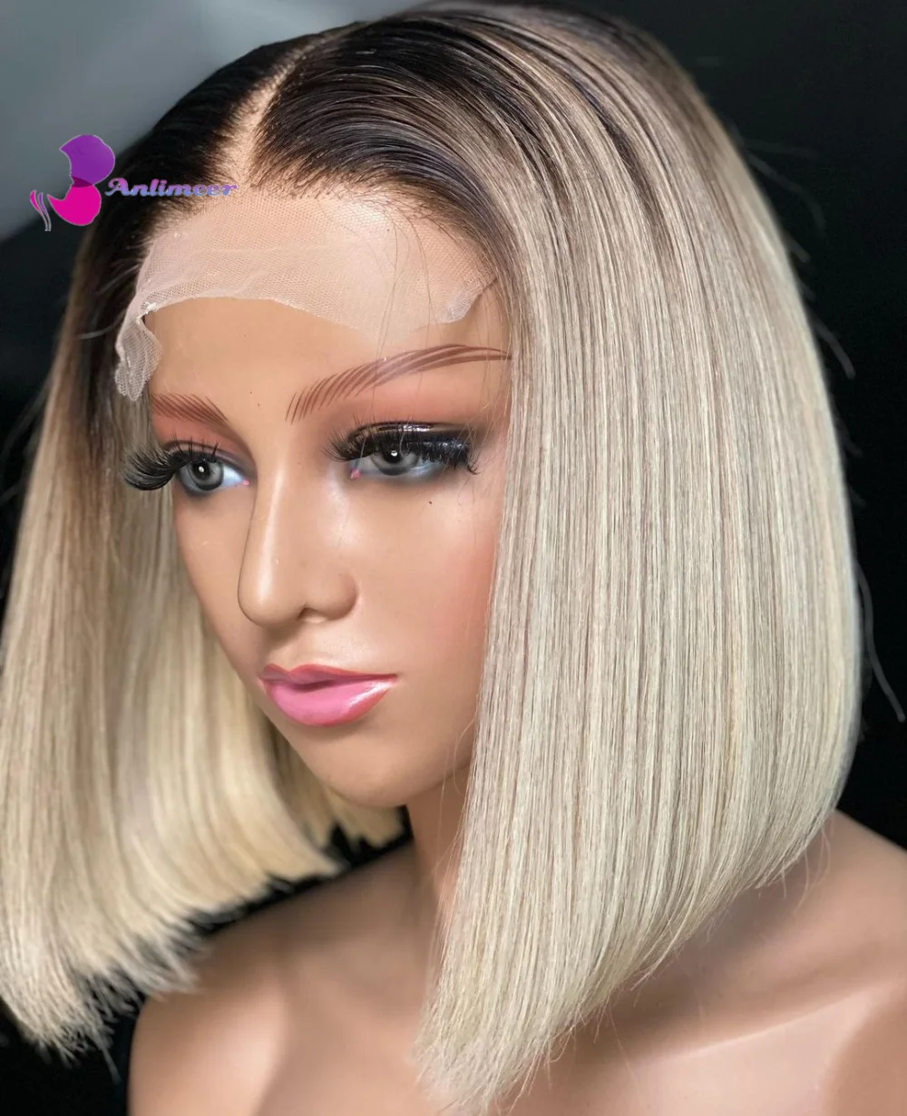 

4T 613# Short Wig Drak Brown Ombre Blonde Wig Pre Plucked Bleached Knots Lace Front Wig Human Hair Bob Wigs For Black Women