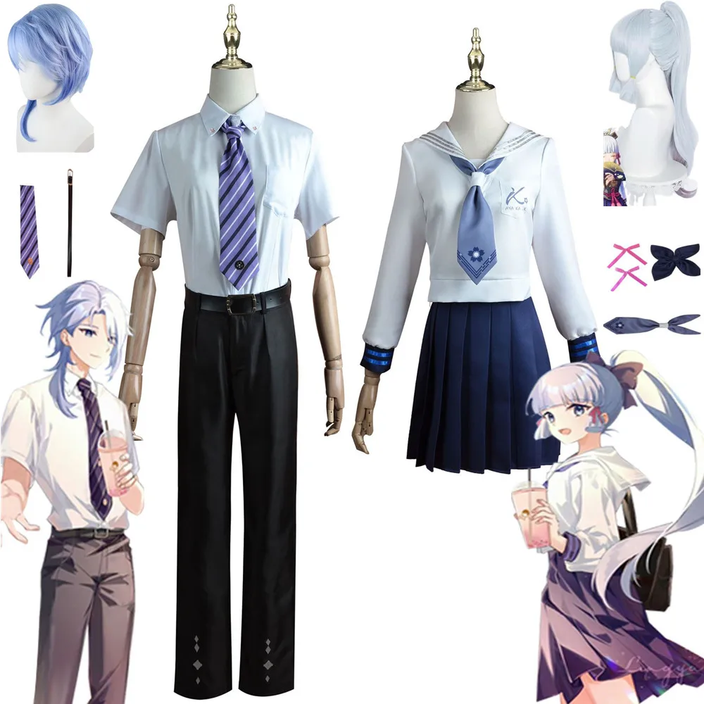 

Anime Game Ayato Kamisato Ayaka Genshin Impact Cosplay Costume Bowtie Headdress Socks Man Woman Adult Jk Japanese School Uniform