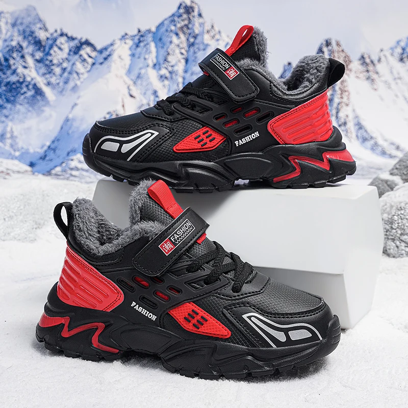 2022 Autumn Winter Children's Warm Cotton Shoes Boys' Snow Anti-skid Flat Shoes Leather Fashionable Breathable Children's Shoes