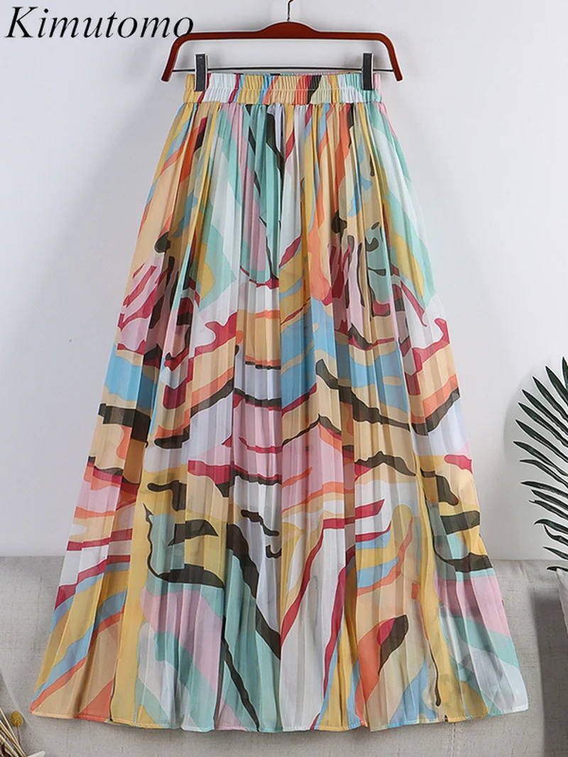 

Винтажная плиссированная сетчатая юбка-трапеция Kimutomo, женская элегантная эластичная широкая универсальная юбка с высокой талией, летняя