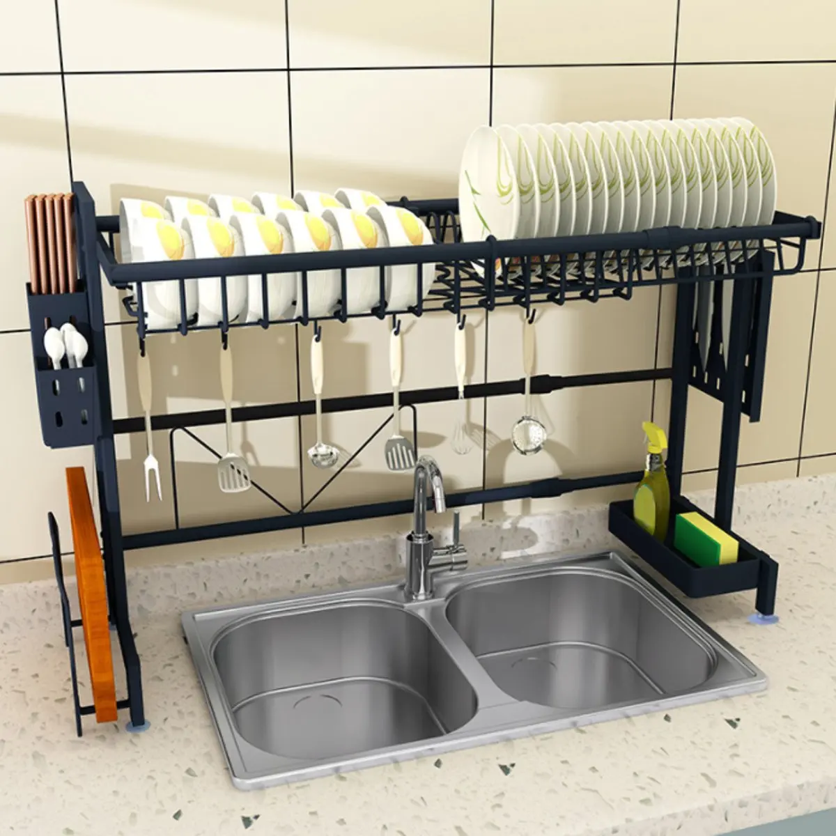 

1/2Tier Stainless Steel Dishes Rack Dual Sink Drain Rack Storage Shelf Sink Drying Rack Adjustable Kitchen DIY Pantry Oragnizer