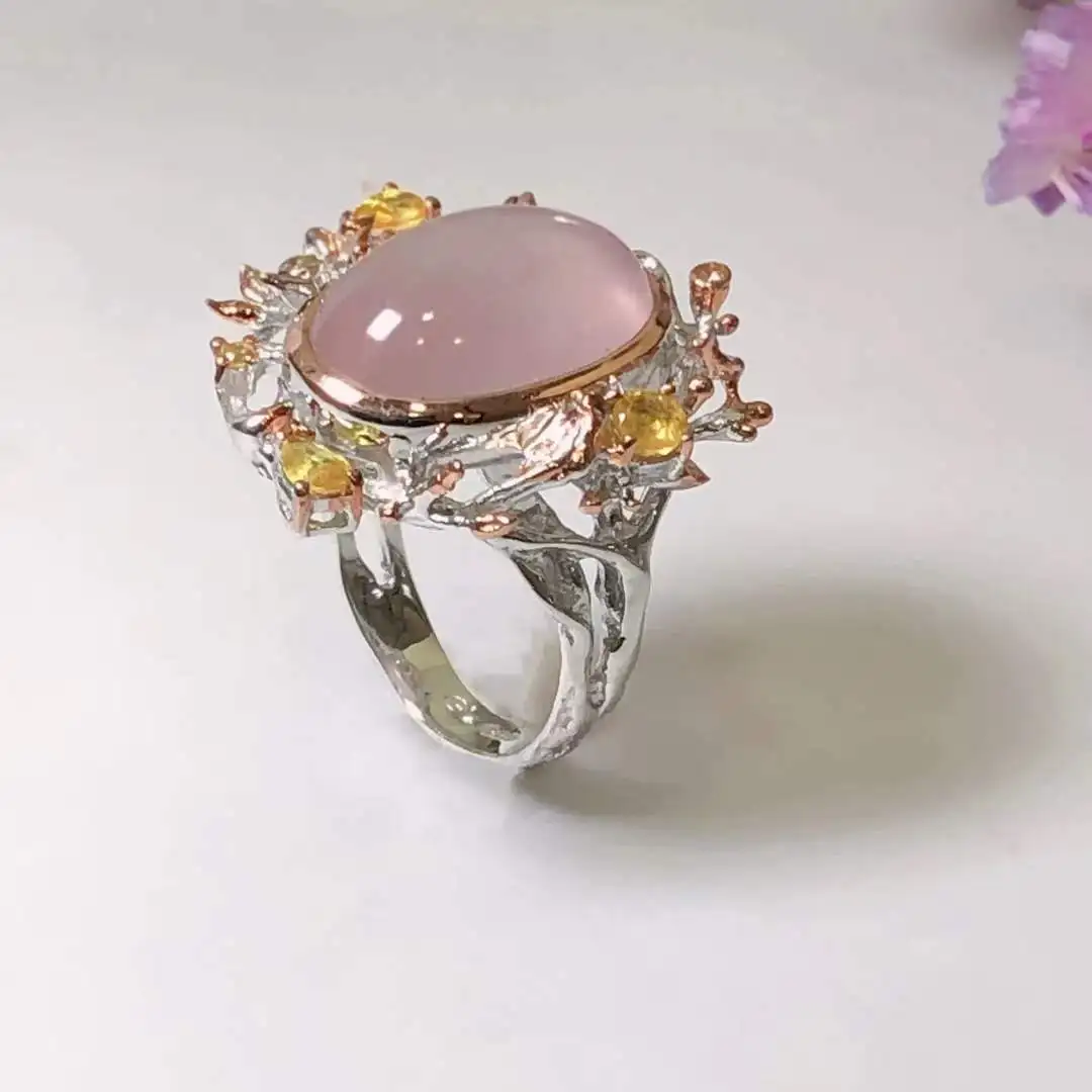 

925 Silver Old Gold Plated Natural Pink Hibiscus Stone Handmade Niche Ring For Women Wedding Jewellery Party