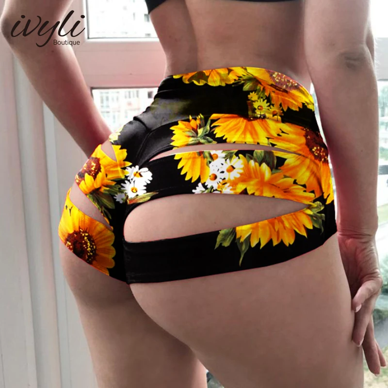 2022 Summer New European and American Large Size High Waist Stretch Slim Hollow Printed Yoga Shorts Women's Sexy Pants