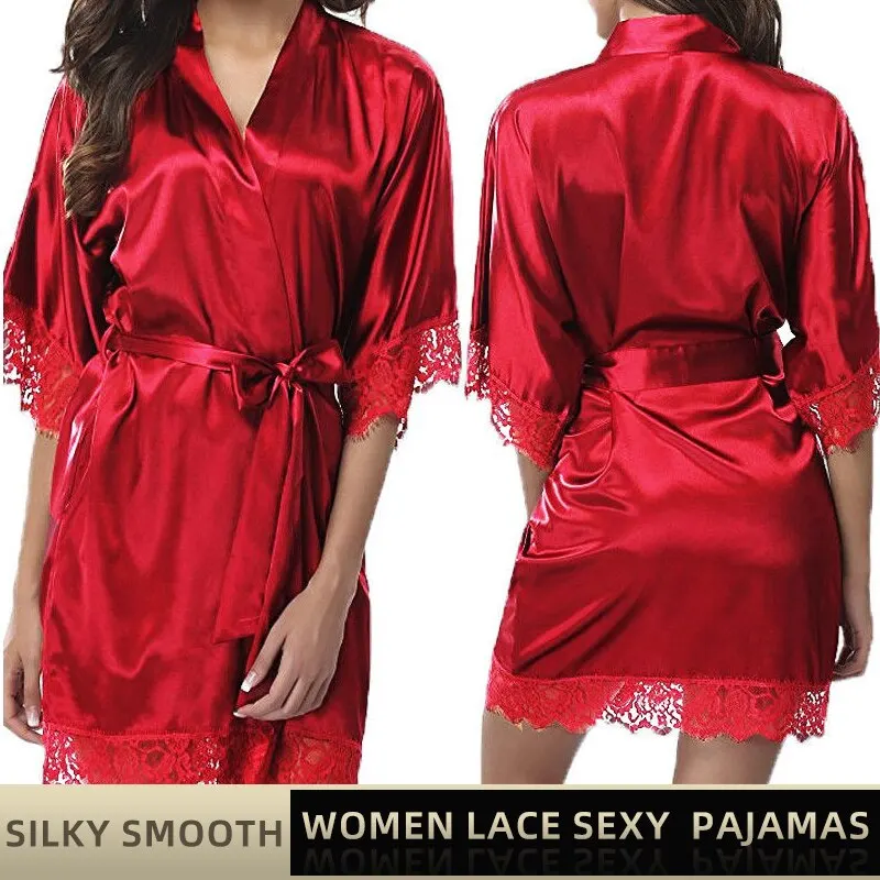 

Women Ice Silk Pajamas Robes Sleepwear Nightgowns Nightdress Red Black L XL Lace Smooth Soft Comfortable Casual Pure Color