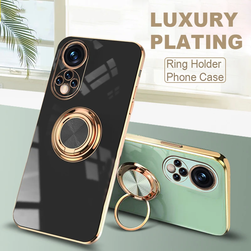 

Silicone Phone Case For Honor 70 60 50 V40 30 20 Pro 10X Lite For Huawei P50 P40 P30 Pro P20 Lite Luxury Plating With Ring Case