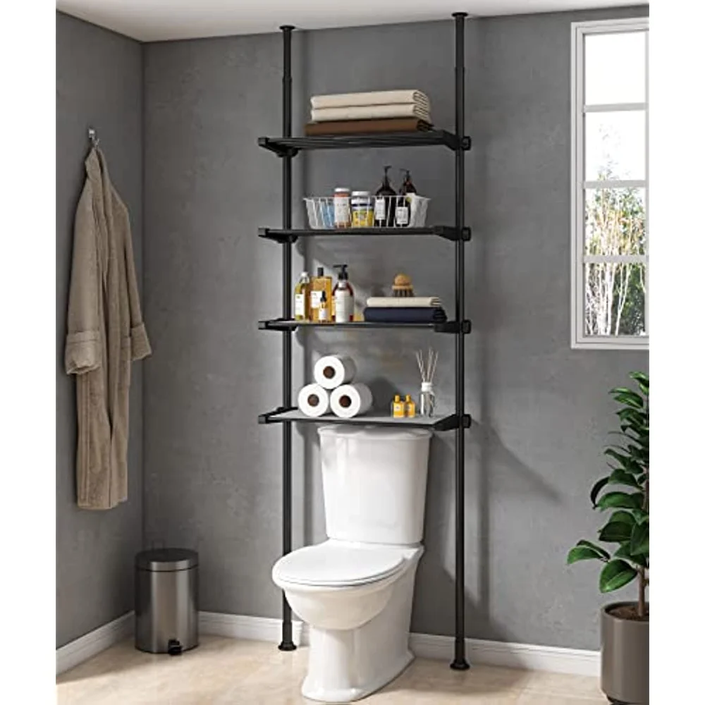 

Bathroom Organizer, Over The Toilet Storage, 4-Tier Adjustable Shelves for Small Room, Saver Space, 92 to 116 Inch Tall, Black