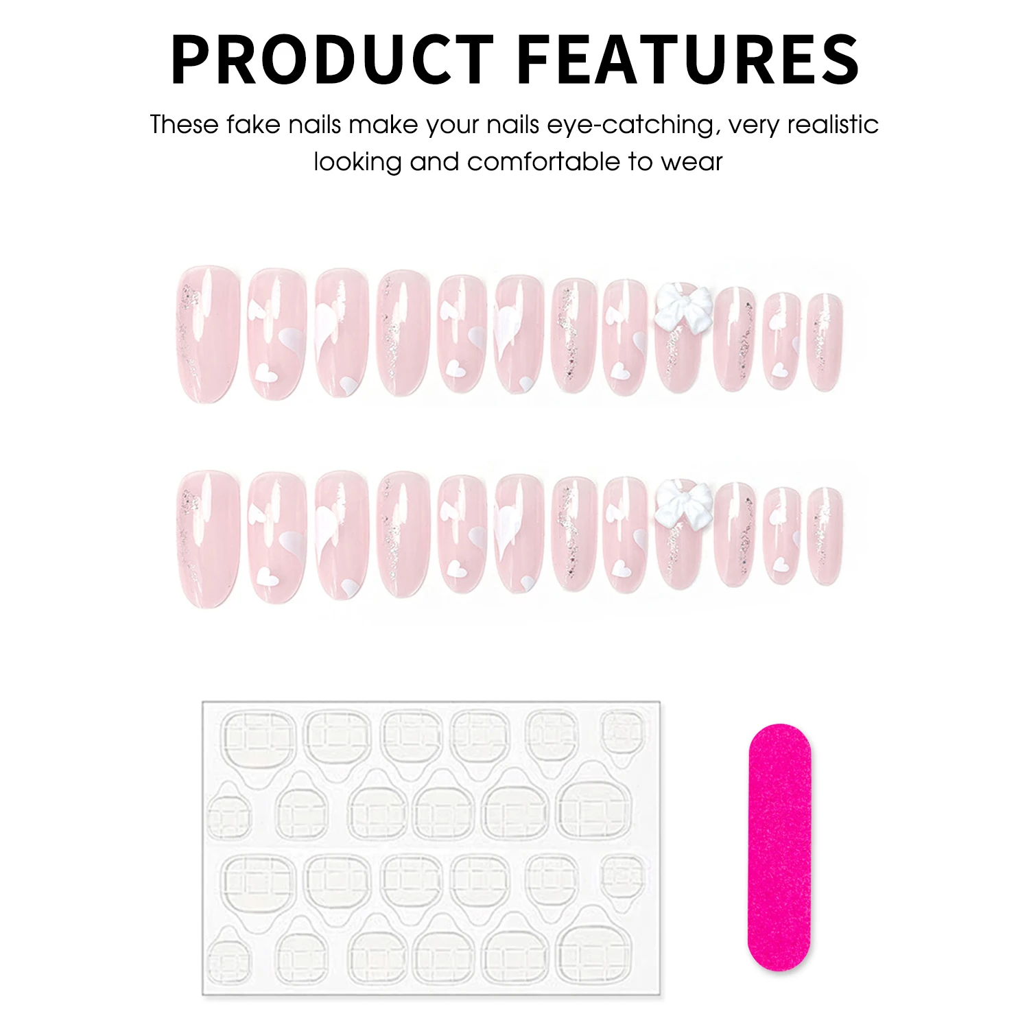 24 шт. розовые накладные ногти средней длины миндально-белые сердце любви 3D