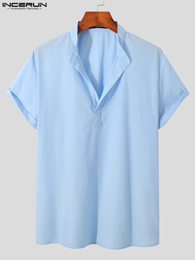 Fashion New Men's Tops INCERUN Short Sleeve Solid V-Neck Shirts Loose Comfortable Henley Shirts Summer Leisure Blouse S-5XL 2022