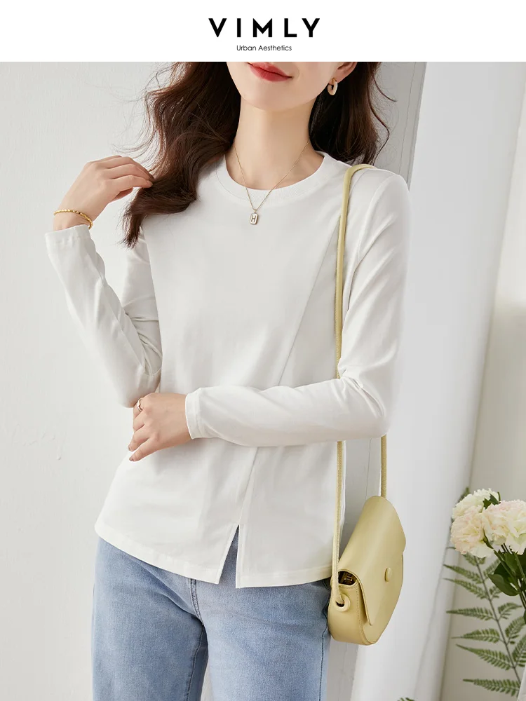 

Vimly Daily Office Lady White T-shirt for Women 2023 Spring Loose Fit O-Neck Long Sleeve Casual Basics Solid T Shirt