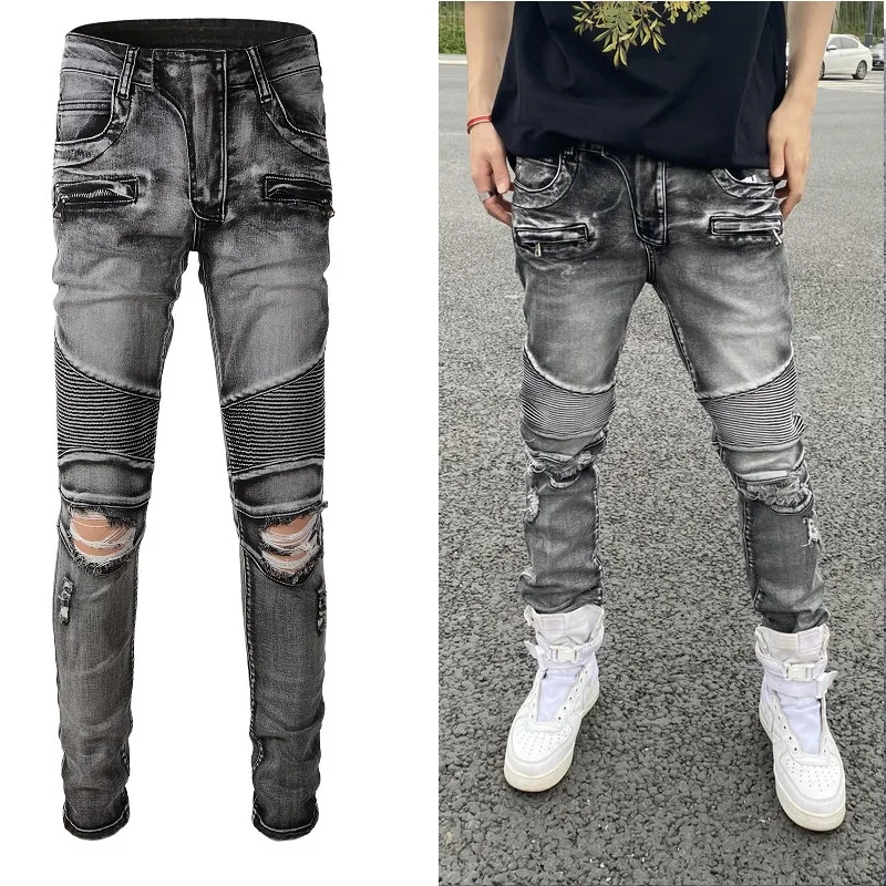 

Мужские потертые байкерские рваные джинсовые брюки, составные ребристые застежки-молнии с отверстиями, обтягивающие моторные серые потертые узкие эластичные джинсы 2023