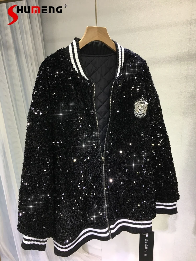 

Новое пальто из хлопка с блестками в европейском стиле, роскошная утепленная куртка большого размера средней длины с хлопковой подкладкой для похудения, Осень-зима 2023