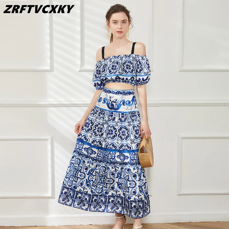 

Женский модельный костюм из 2 предметов, короткий топ с коротким рукавом и юбка с высокой талией, модный костюм с бело-голубым фарфоровым принтом