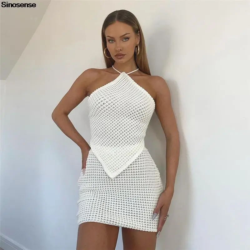 Sexy Knitted 2 Two Piece Sets Women Backless Bandage Halter Top Skinny Elastic Mini Skirts Suits Y2K Summer Female Club Outfits