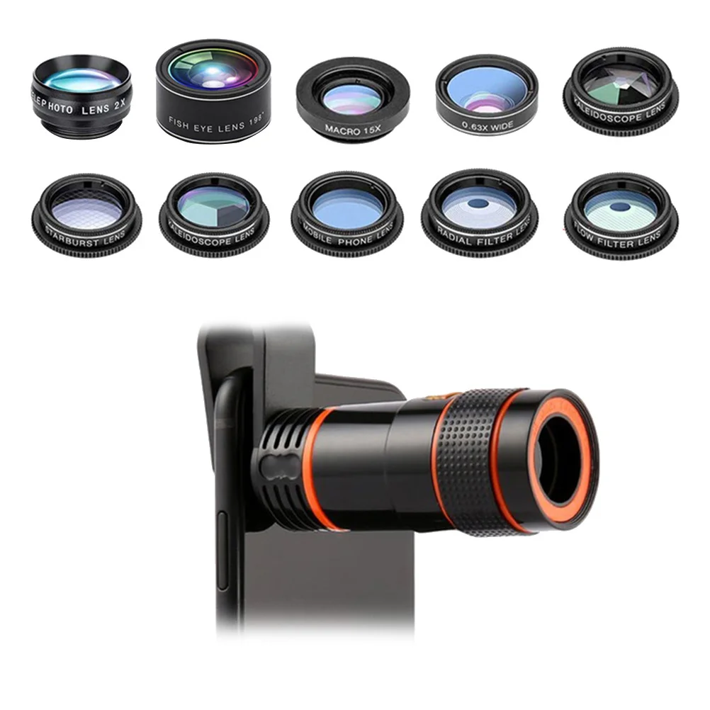 

10 In 1 Telephoto Lens Wide Angle Macro Fisheye Mobile Lens Set Universal External Lens Set