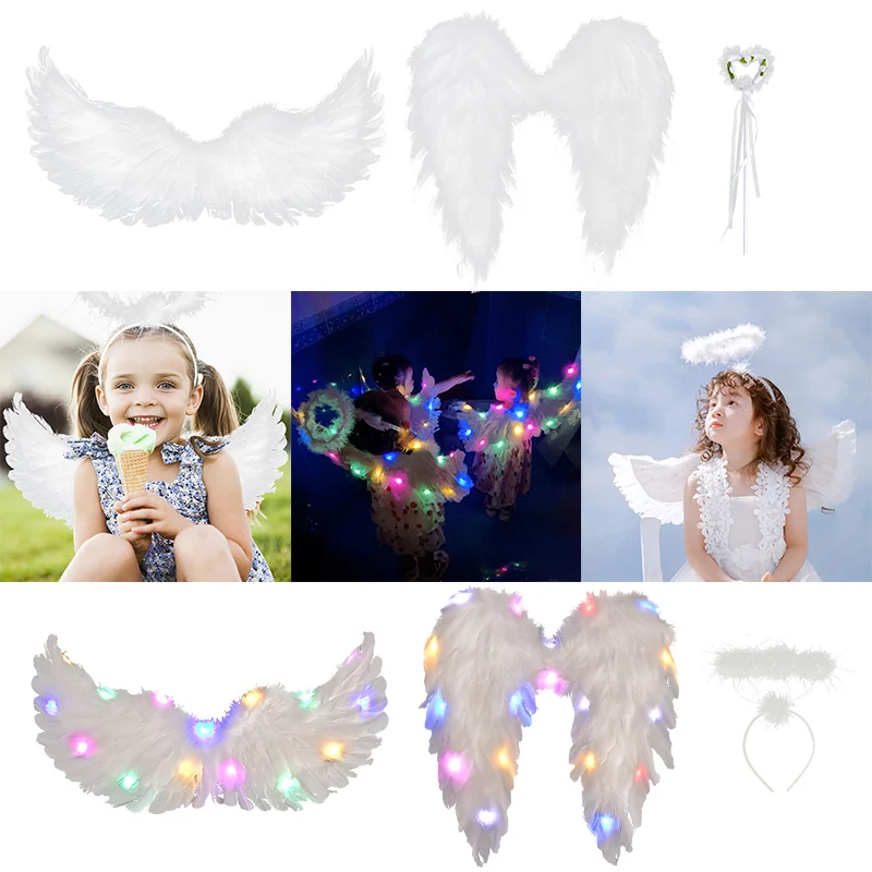 

LED Angel Feather Wing Halo Headband Fairy Stick Girl Costume Party Cosplay Accessories for Kids Birthday Decoration Photo Props